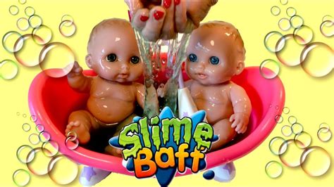 Twin Baby Dolls In Green Gooey Slime Bath Pretend Play For Children