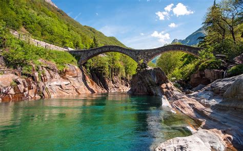 Nature Landscape Rock Bridge Water River Trees Forest Clouds Wallpaper