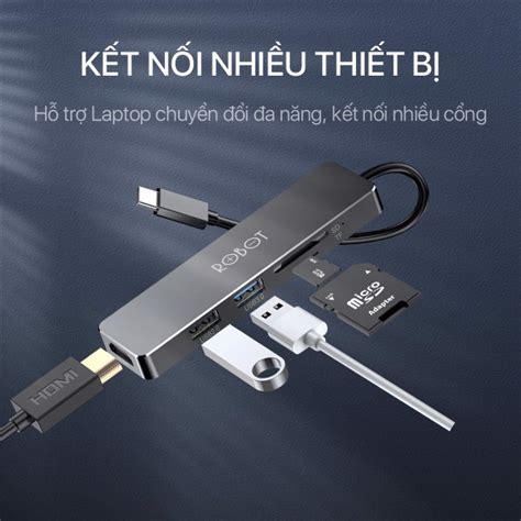 Hub Robot Type C Chuyển đổi đa Năng 5 In 1 Ht240s Đen Usb Hdmi Pd