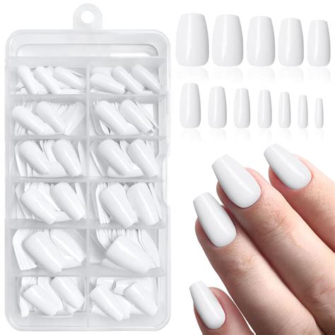 Luckforever 240pc Coffin Press On Nails Medium Fake Nails White Glue On Nails Short