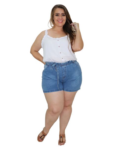 Shorts Jeans Feminino Plus Size Azul Lavado Cambos Do 60 Ao 66 Cambos