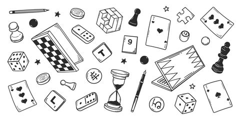 set of hand-drawn board games. sketch doodle of chess, checkers, go ...