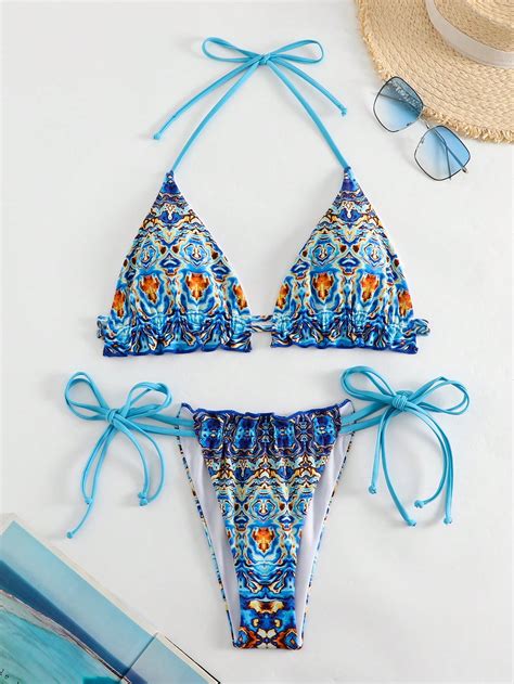 SHEIN Swim BohoFeel Allover Print Halter Triangle Bikini Swimsuit