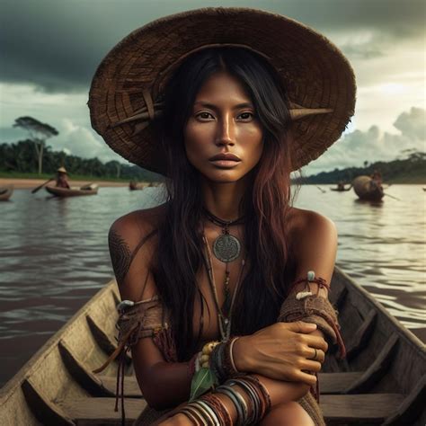 Premium AI Image | Native indigenous woman navigating the Amazon river in a canoe