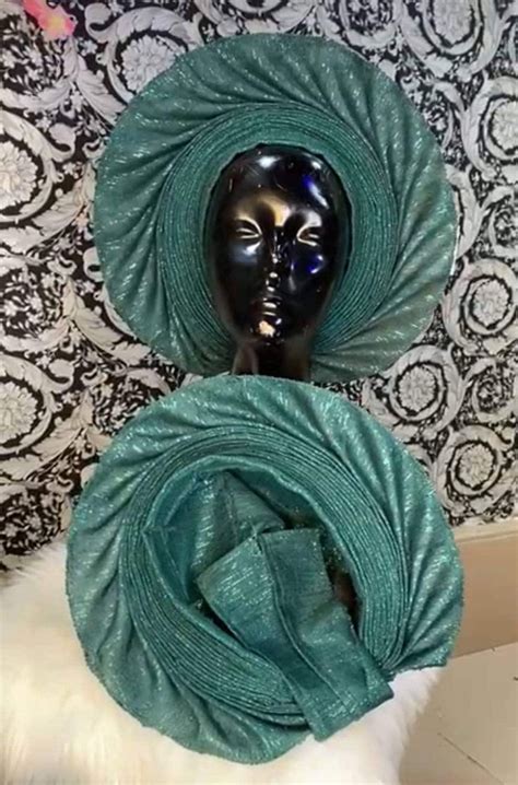 Green And Silver Mix Autogele Aso Oke Pre Tied African Headwrap Turban