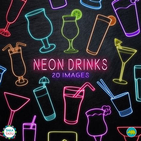 Neon Drinks Clipart Neon Cocktail Clipart Digital Neon Etsy Uk