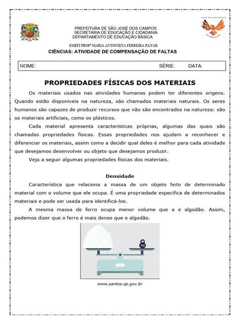 Atividades Sobre Propriedades Da Materia 5 Ano - Atividade de Ciencias Propriedades Fisicas Dos Materiais 5 Ano | PDF ...
