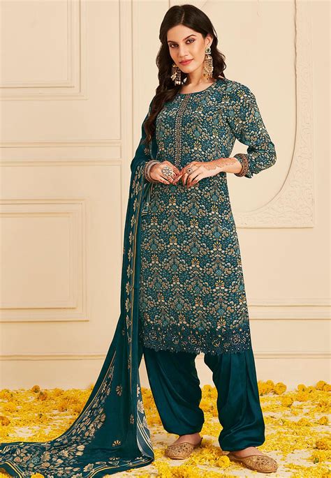 Buy Digital Printed Crepe Punjabi Suit In Navy Blue Online Kpv