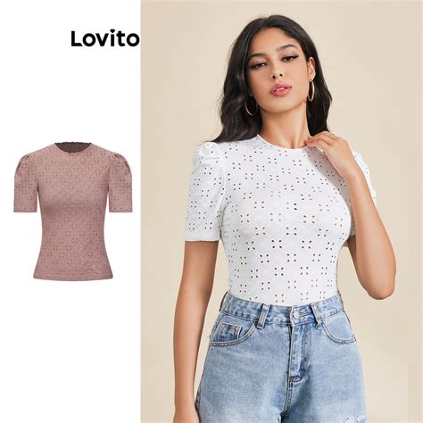 Lovito Elegant Ditsy Floral Lettuce Trim Puff Sleeve T Shirt For Women