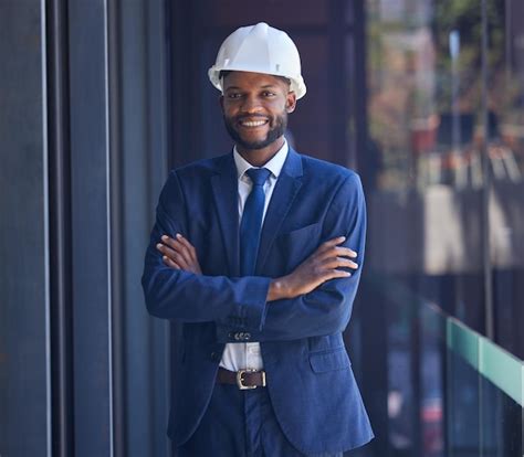 Premium Photo Black Man Arms Crossed Or Office Building Ideas Architecture Innovation Or