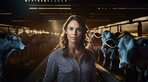 Happy female farmer standing with cows at the cattle farm.Female farmer ...