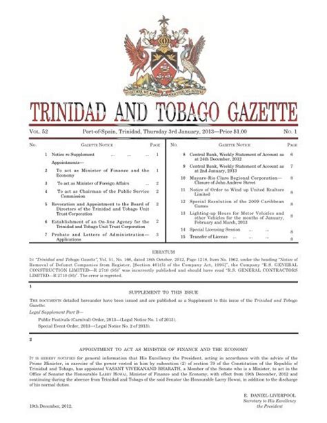 Gazette No 1 Of 201 Trinidad And Tobago Government News