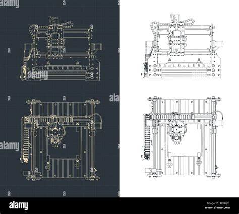 Stylized Vector Illustration Of CNC Milling Machine Blueprints Stock