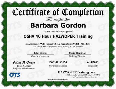 Osha 30 Certificate Template Inspirational 40 Hour Hazwoper Training