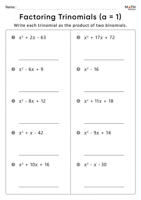 Factoring Quadratics Worksheets Math Monks