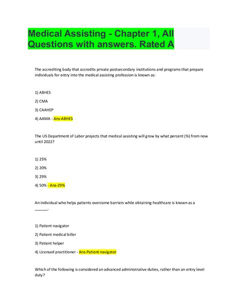 Medical Assisting Chapter 1 All Questions With Answers Rated A Browsegrades