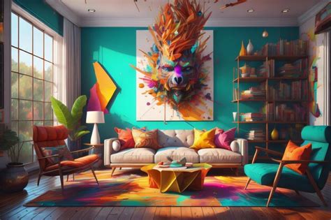 Premium AI Image | A colorful living room with a colorful wall art that ...