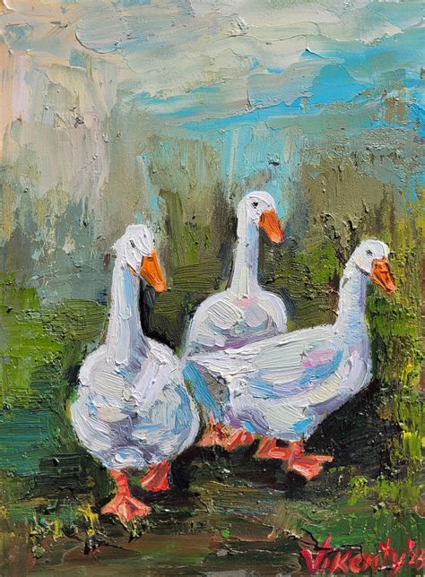 White Goose Painting Farm Animals Painting Original Impasto Oil