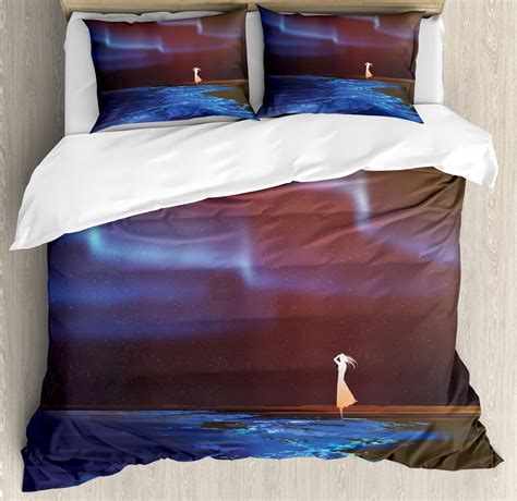 Fantasy Duvet Cover Set Woman On Beach Psychedelic Design Aurora