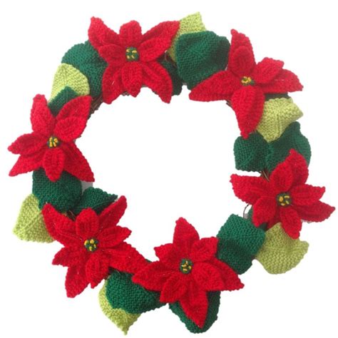 Knitting Pattern For Poinsettia Christmas Wreath Xmas Flower Ring Knitting Patterns