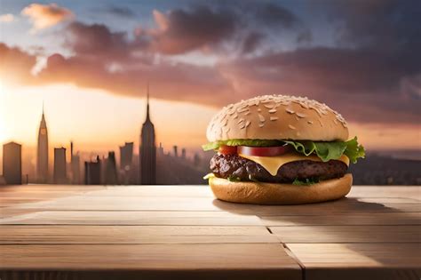 Premium Photo | A hamburger with a view of manhattan in the background