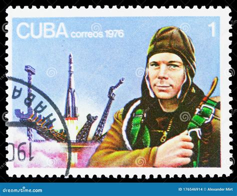 Postage Stamp Printed In Cuba Shows Yuri Gagarin Th Anniversary Of