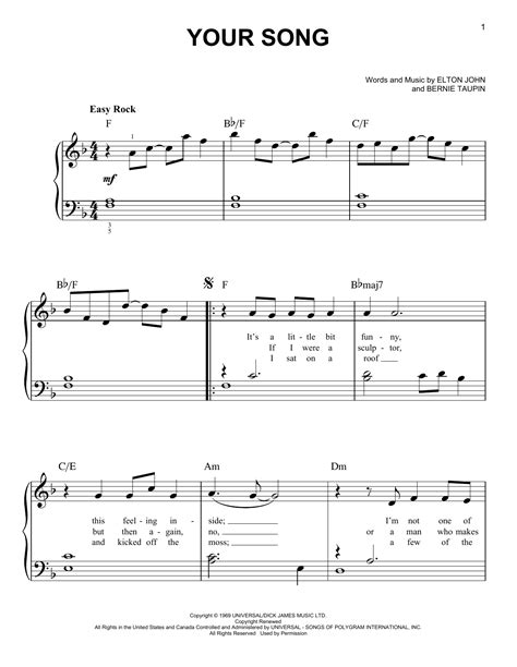 Your Song By Elton John Sheet Music For Easy Piano At Sheet Music Direct