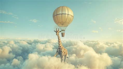 Giraffe Soaring Through Sky With Hot Air Balloon Stock Image Image Of