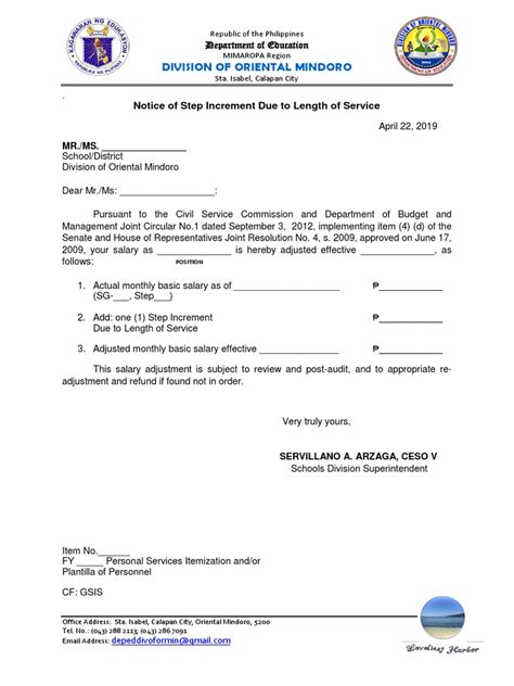 Notice of Step Increment