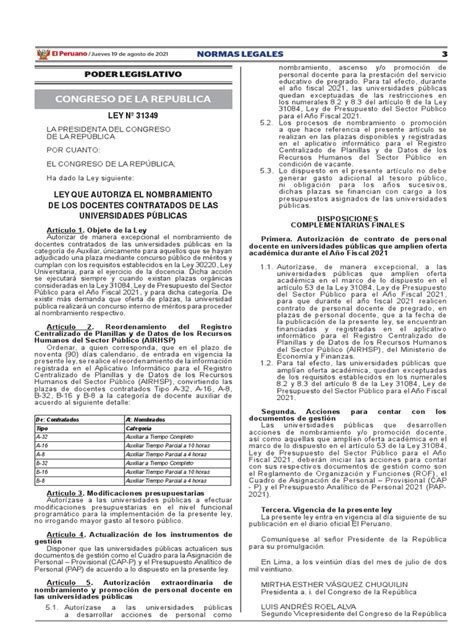 Ley 31349 Ley Que Autoriza El Nombramiento De Los Docentes Contrtados