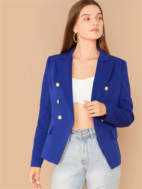 Notch Collar Double Breasted Blazer Shein Blazer Outfits Blazer Dress Blazer Jacket Long