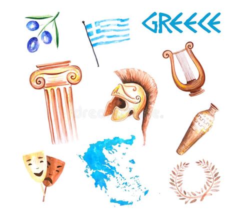 Griechische Symbole Handgezeichnete Aquarellbilder Von Antiken