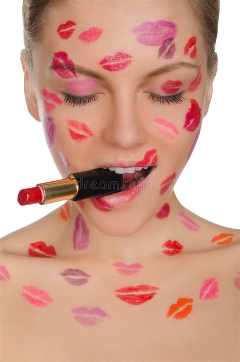 Woman With Kisses On Face And Lipstick In Mouth Stock Image Image Of Blonde Isolated 62931625