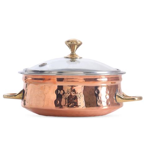 Buy IndianArtVilla Steel Copper Handi With Brass Handle Glass Lid