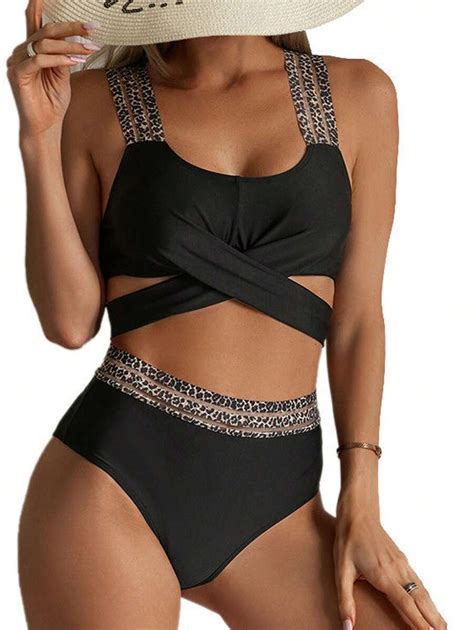 Bikini Separado Europeo Y Americano Con Fondo Alto Y Cruzado Cubre Vientre Hilo Dorado