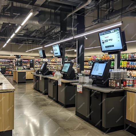 A grocery stores checkout area with selfservice kiosks and traditional