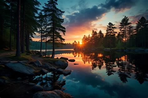 Premium AI Image | Photo of Sunrise over a tranquil forest lake