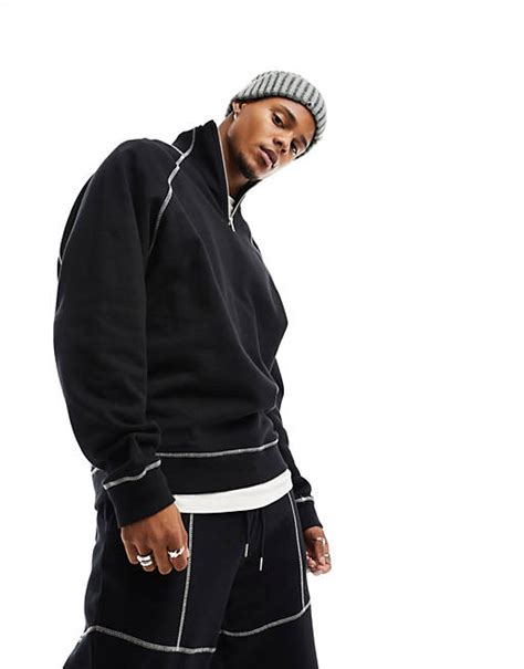 Asos Design Oversized Half Zip Sweatshirt With Contrast Stitching In