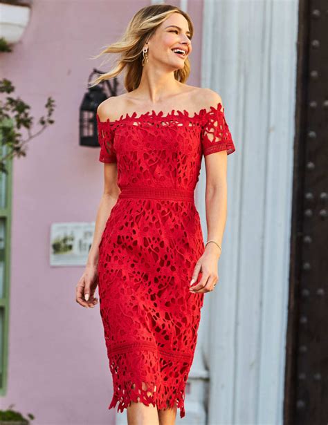 Lace Bardot Full Skirt Midi Dress Factory Sale