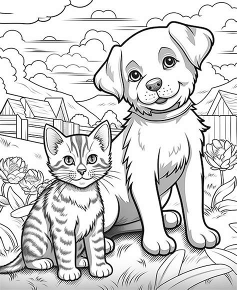 Coloring Pages For Kids Of A Dog And A Cat Sitting In The Grass