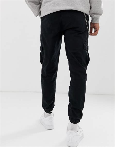 Bershka Denim Cargo Pants With Chain In Black For Men Lyst