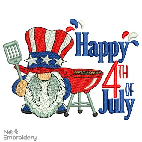 Bbq Gnome Happy 4th July Embroidery Design Nextembroidery