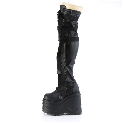 Demonia Wave 315 6 Wedge Pf Lace Up Stretch Thigh Boot Side Zip