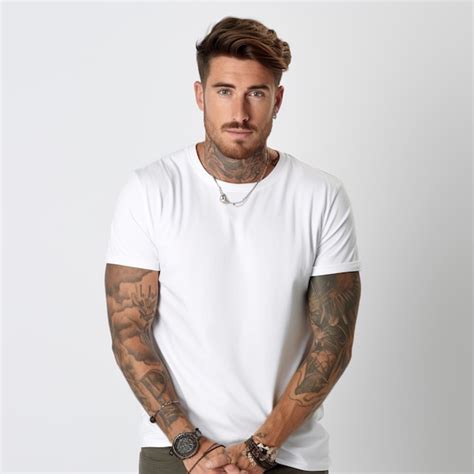 Premium Ai Image Muscular Man With Tattoos Wearing Plain White T