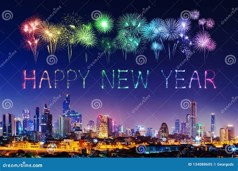 Happy New Year Firework With Bandkok Cityscape At Night Stock Image