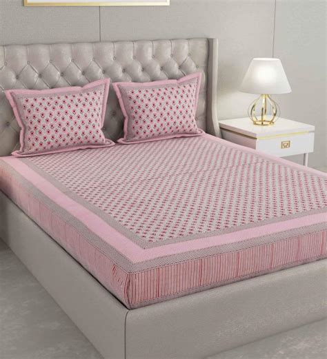 Buy Pink Floral Tc Cotton Double King Sized Bedsheet With Pillow