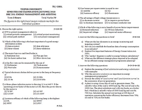 Tezpur University Tu Codl Semester End Dre Energy Management And