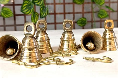 Set Of 12 Golden Brass Bells With Hooks For Wall Hanging Door Hanging Temple Decor Ornaments