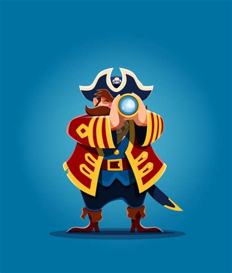 Personaje de capitán pirata de dibujos animados con catalejo Vector