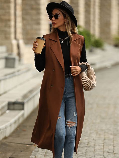 Trenchcoat Kaffeebraun Rmellose Lange Weste Zweireihiger G Rtel